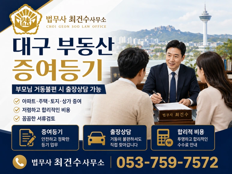 대구 부동산 증여등기｜ 출장상담 가능, 부담부증여까지 꼼꼼히 안내